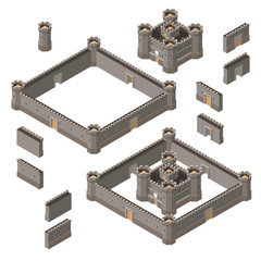 Vector isometric set of medieval castle with walls, gates and towers. Concept of game fortress.