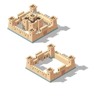 Vector isometric medieval castle with walls, gates and towers. Concept of game fortress.