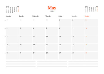 Calendar template for May 2020. Business monthly planner. Stationery design. Week starts on Monday.