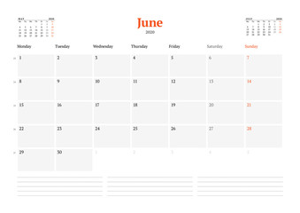 Calendar template for June 2020. Business monthly planner. Stationery design. Week starts on Monday.