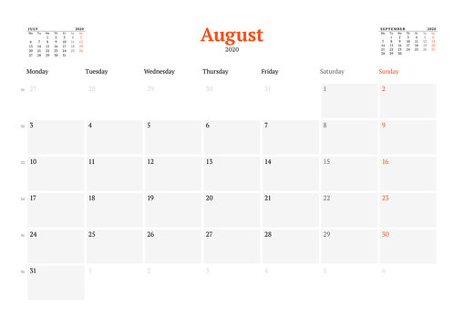 Calendar template for August 2020. Business monthly planner. Stationery design. Week starts on Monday.