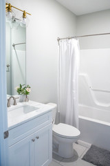 Fototapeta na wymiar Small guest bathroom in a new construction medium sized house