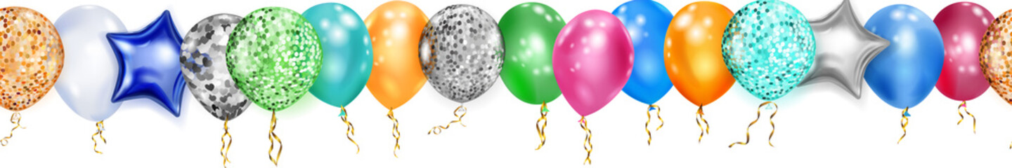 Banner with multicolored shiny balloons, round and in the shape of stars, with ribbons and shadows, on white background, with horizontal seamless repetition