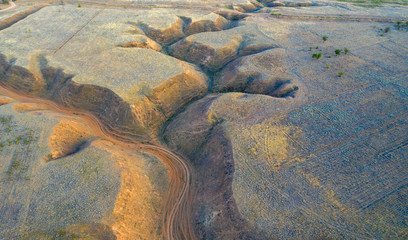 Soil erosion in the steppe zone of the Caspian lowland. Aerial view.