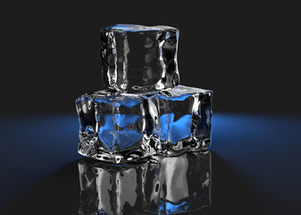 3d render of ice cubes on black background and blue light
