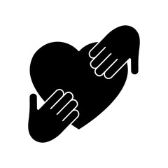Heart black silhouette icon on the hand isolated on the white background. Voluntary, charity, donation icon