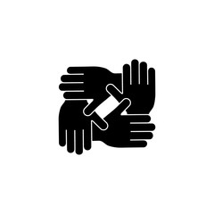 Obraz premium Humanitarian assistance black silhouette vector illustration isolated on white background. Hands together in round shape. Voluntary, charity, donation icon.