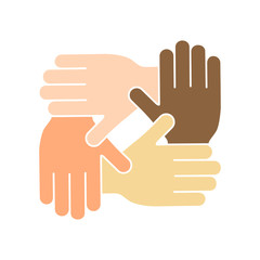 Multicultural and multiethnic friendship symbol vector illustration isolated on white background. Hands together in round shape. 