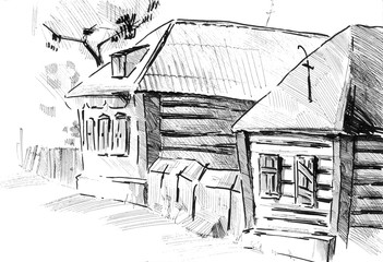 Black and white sketch of two houses in the countryside on a summer day.