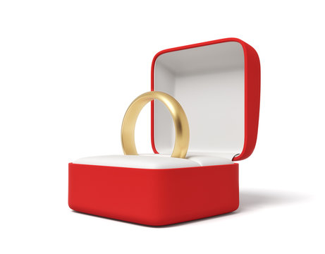 3d close-up rendering of gold ring in open red box on white background.