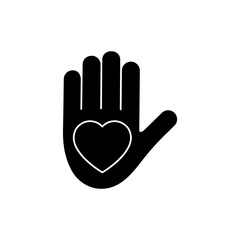 Obraz premium Heart black silhouette icon on the hand isolated on the white background. Voluntary symbol illustration. 