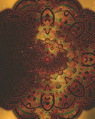 Mandala wallpaper, tracery round boho style. Ethnic ornament background. Folk, meditation design. Colored curved shape.
