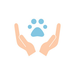 Animals help vector illustration isolated on white background. Animal footprint, trace in hands. Voluntary, charity, donation icon.