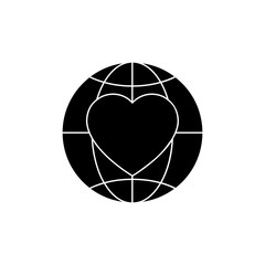 Heart in globe black silhouette icon illustration isolated on white