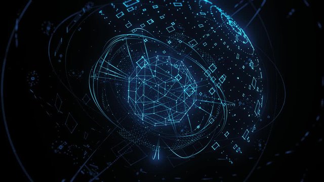 Blue 3d render concept of artificial intelligence. Technology background. Wireframes, particles. Loop animation.
