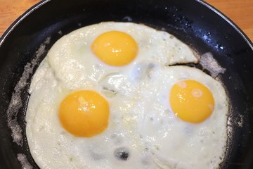 Oeufs au plat dans une poële - Département du Rhône - France