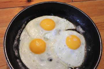 Oeufs au plat dans une poële - Département du Rhône - France