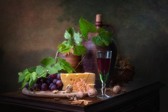 Still life with wine and cheese