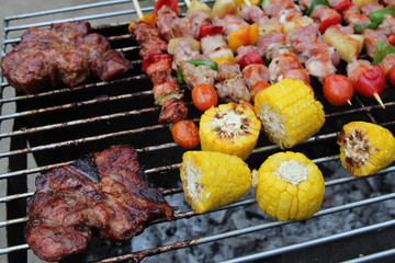 Barbeque Grill Street Food in thailand,Eat outdoors in a happy family.