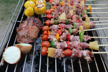 Barbeque Grill Street Food in thailand,Eat outdoors in a happy family.