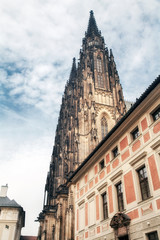 The majestic tower of a medieval gothic cathedral