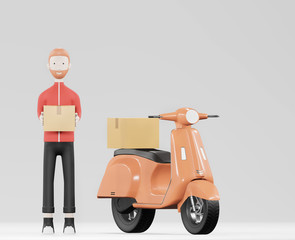 Cartoon delivery man in red uniform with motorbike.3d rendering