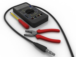 3d illustration Digital electronics multi meter with screwdriver and cutting player
