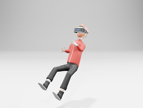 Young man using virtual reality headset,VR,floating in Fictional world.3d rendering