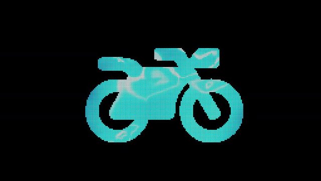 The symbol motorcycle is assembled from small balls. Then it shimmers with blue. It crumbles and disappears. In - Out loop. Alpha channel