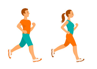 Young man and girl are engaged in sports running. Vector isolated illustration.