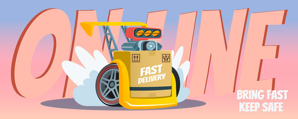 Package with racing wheels and motor on Pink and Blue background. Online delivery service concept. Webpage, app design. E-commerce concept. landing page, delivery website, banner.