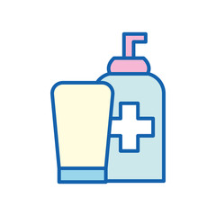 soap bottles with cross line and fill style icon vector design