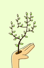 trendy vector handmade picture 
green tree growing out of hand. Beginning of a new life. joy of birth. Earth Day