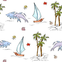 Marine, adventure seamless pattern. Sea background, dolphins, ship, island with palm trees. For fabric, print, wallpaper, children's clothing.