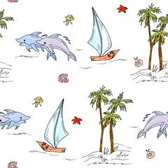 Behang Golven Marine, avontuur naadloos patroon. Zee achtergrond, dolfijnen, schip, eiland met palmbomen. Voor stof, print, behang, kinderkleding.
