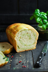 Bread roll with spinach and herbs homemade baking Menu concept healthy eating. food background top view copy space for text