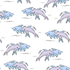 Dolphins seamless pattern. Marine background for fabric, print, wallpaper, baby clothes.