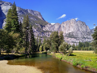 View of Merced River beaches during the summer. Yosemite Valley. California. USA.  