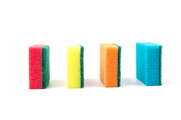 Colored sponges for washing dishes and other domestic needs, isoleted on white background