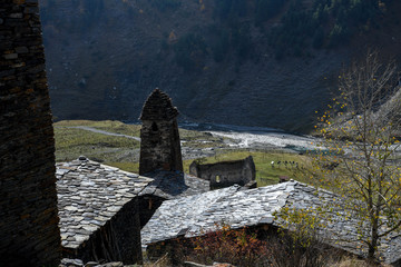 View of the village of Dartlo emptied of its inhabitants for the winter with a medieval tower