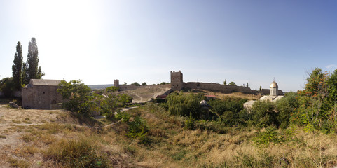 Fototapeta premium Genoese fortress Feodosia Panorama. The ruins of an ancient fortress of the XIV century. Sights of Crimea.