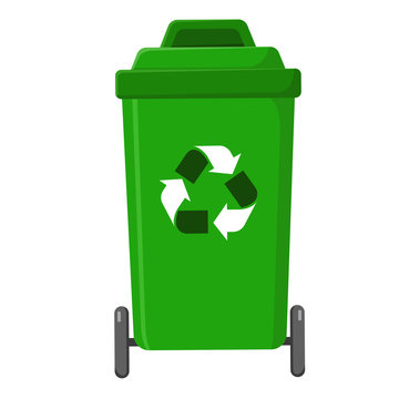 A green recycling bin on a white background