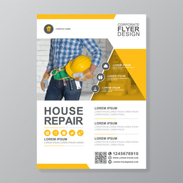 Corporate construction tools cover a4 template and flat icons for a report and brochure design, flyer, banner, leaflets decoration for printing and presentation vector illustration
