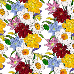Seamless pattern with spring flowers. Bright multi-colored flowers, clematis and daffodils. Hand drawing, botanical illustration. For packaging, wallpaper, fabric, clothing, invitations.