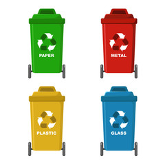 Four colorful recycle bins isolated on white background