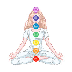 Seven chakra system in human body, infographic with meditating yogi woman, vector illustration