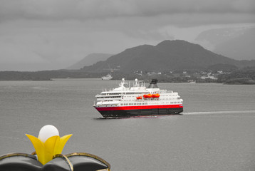 Famous Norwegian Hurtigruten on classic post ship or cruiseship or cruise ship liner MS Nordnorge...