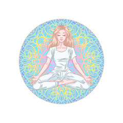 Young meditating yogi woman in lotus pose isolated on colorful mandala background. Vector illustration