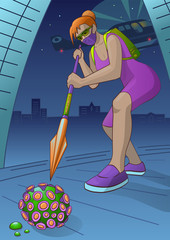 Fight covid-19 corona virus. Woman kills the virus with immunity spear. End of 2019-ncov. Vector Illustration.