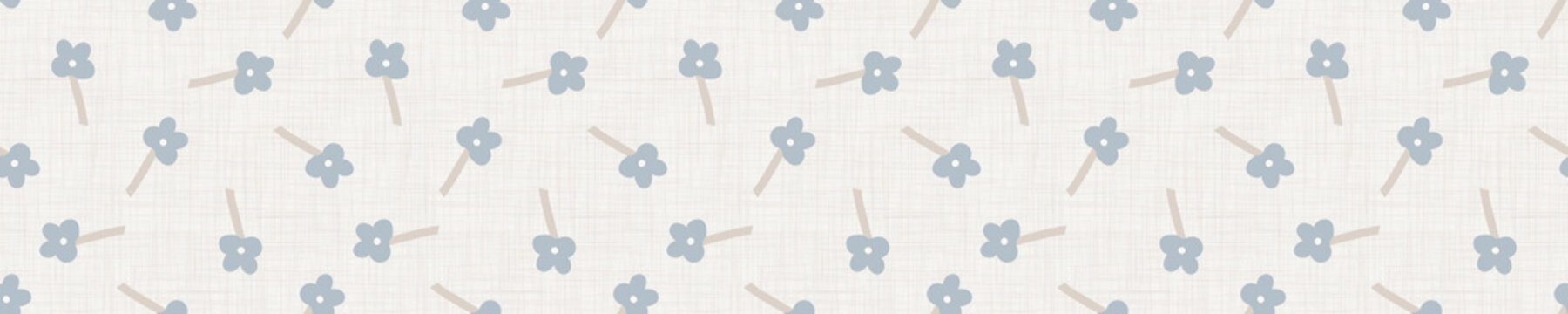 
Seamless tossed floral pattern in french blue linen shabby chic style. Hand drawn country bloom texture. Rustic woven background. Kitchen towel home decor swatch. Simple flower motif all over print